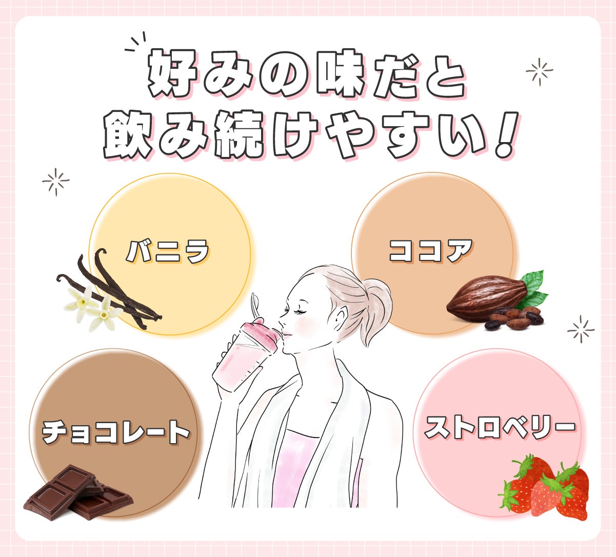 好みの味だと飲み続けやすい!バニラ・チョコレート・ココア・ストロベリーなど。