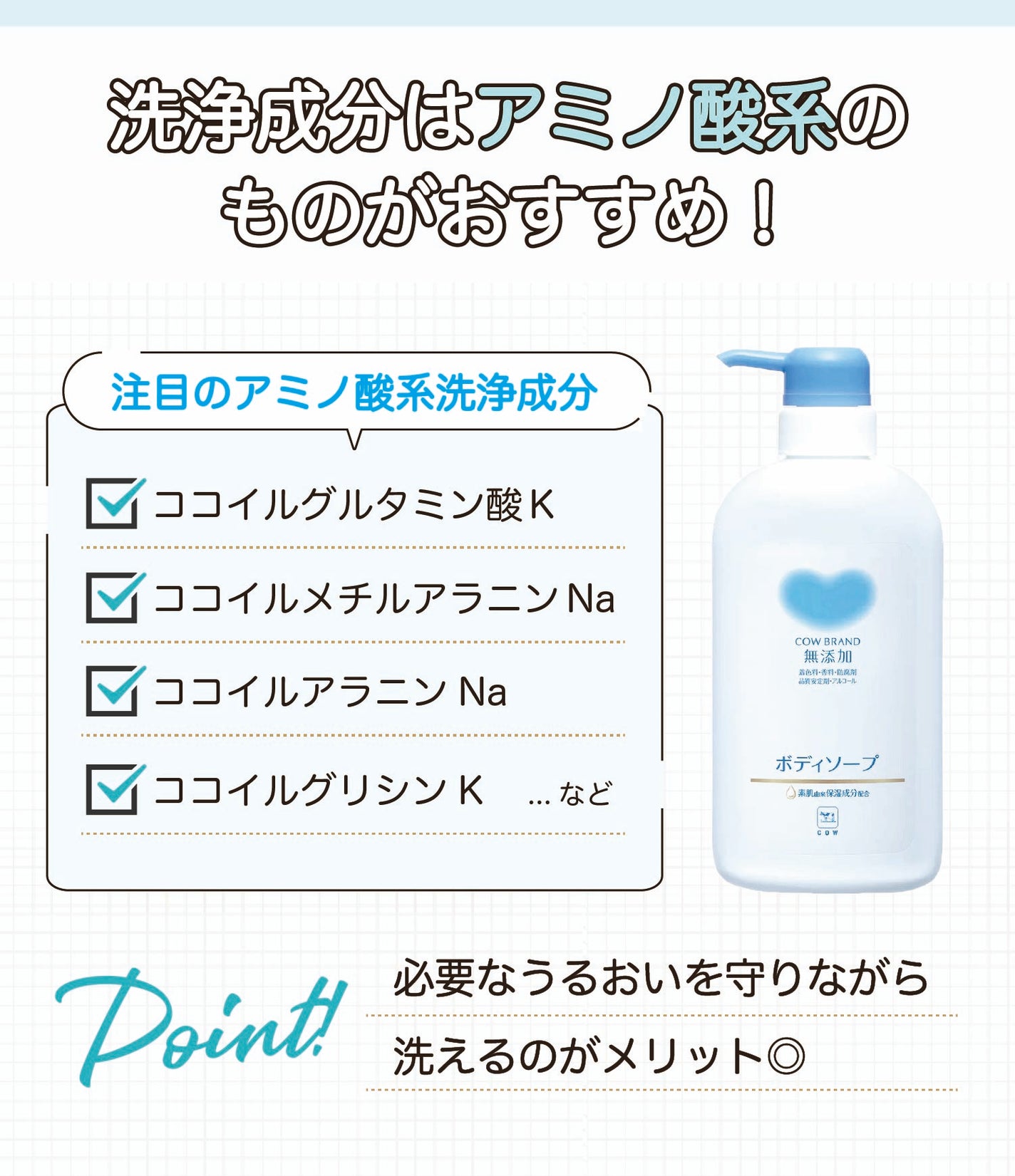 洗浄成分はアミノ酸系のものがおすすめ!注目のアミノ酸系洗浄成分はココイルグルタミン酸K・ココイルメチルアラニンNa・ココイルアラニンNa・ココイルグリシンKなど。必要なうるおいを守りながら洗えるのがメリット◎