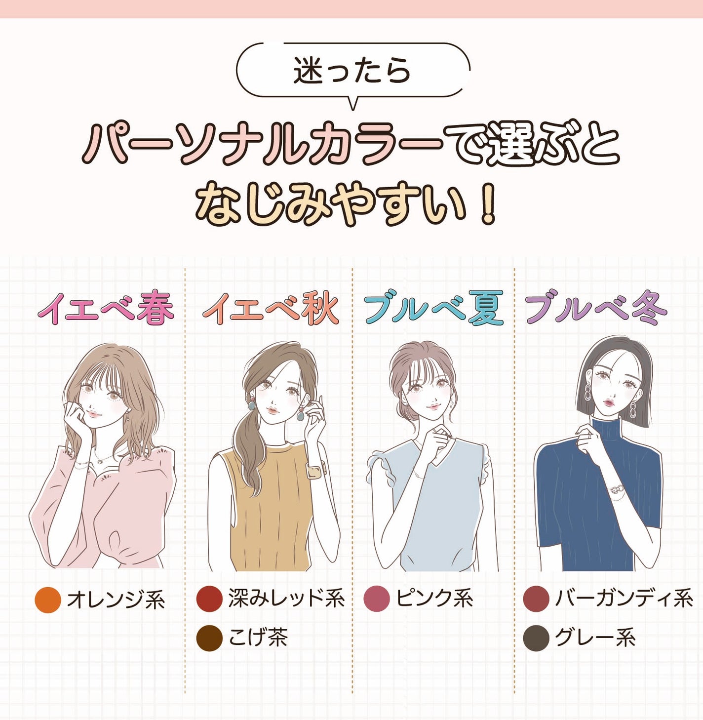 迷ったらパーソナルカラーで選ぶとなじみやすい!イエベ春はオレンジ系、イエベ秋は深みレッド系・こげ茶、ブルベ夏はピンク系、ブルベ冬はバーガンディ系・グレー系。