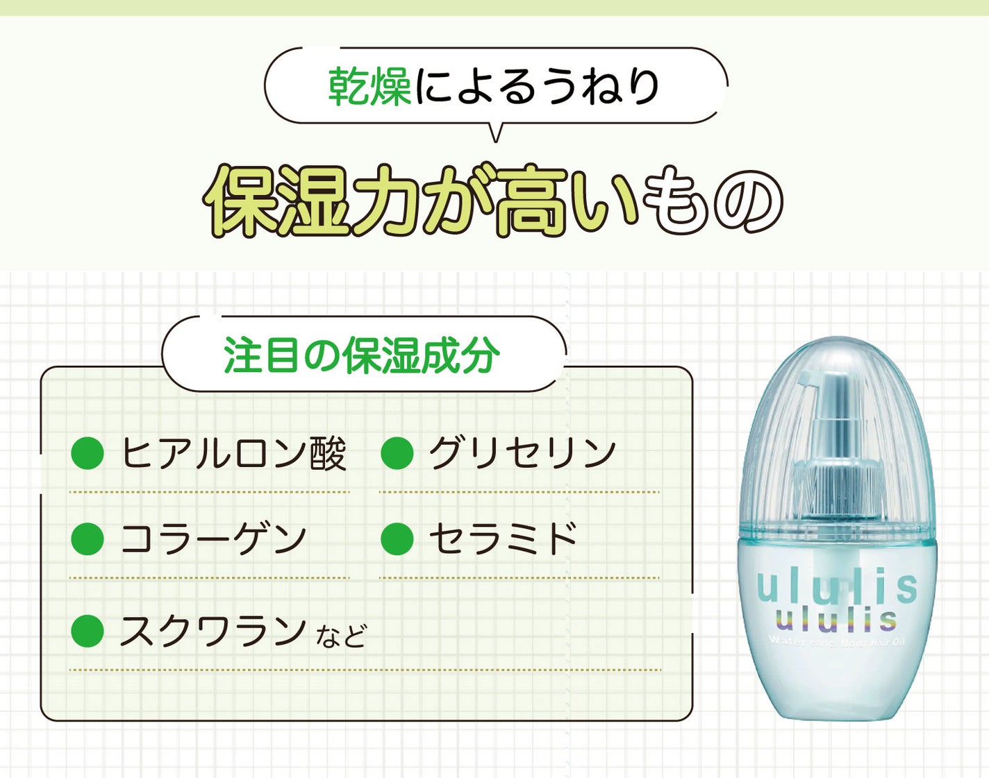乾燥によるうねりには保湿力が高いものがおすすめ。注目の保湿成分はヒアルロン酸・グリセリン・コラーゲン・セラミド・スクワランなどです。