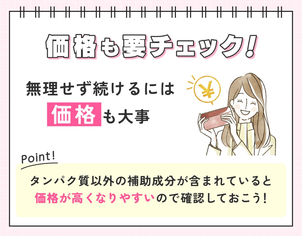 価格も要チェック!無理せず続けるには価格も大事。タンパク質以外の補助成分が含まれていると価格が高くなりやすいので確認しておこう!