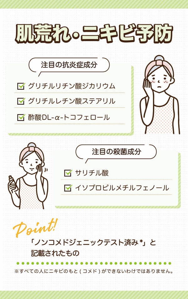 肌荒れ・ニキビ予防。注目の抗炎症成分はグリチルリチン酸ジカリウム・グリチルレチン酸ステアリル・酢酸DL-α-トコフェロール。注目の殺菌成分はサリチル酸・イソプロピルメチルフェノール。「ノンコメドジェニックテスト済み*」と記載されたものを選ぶのもおすすめ。*すべての人にニキビのもの(コメド)ができないわけではありません。