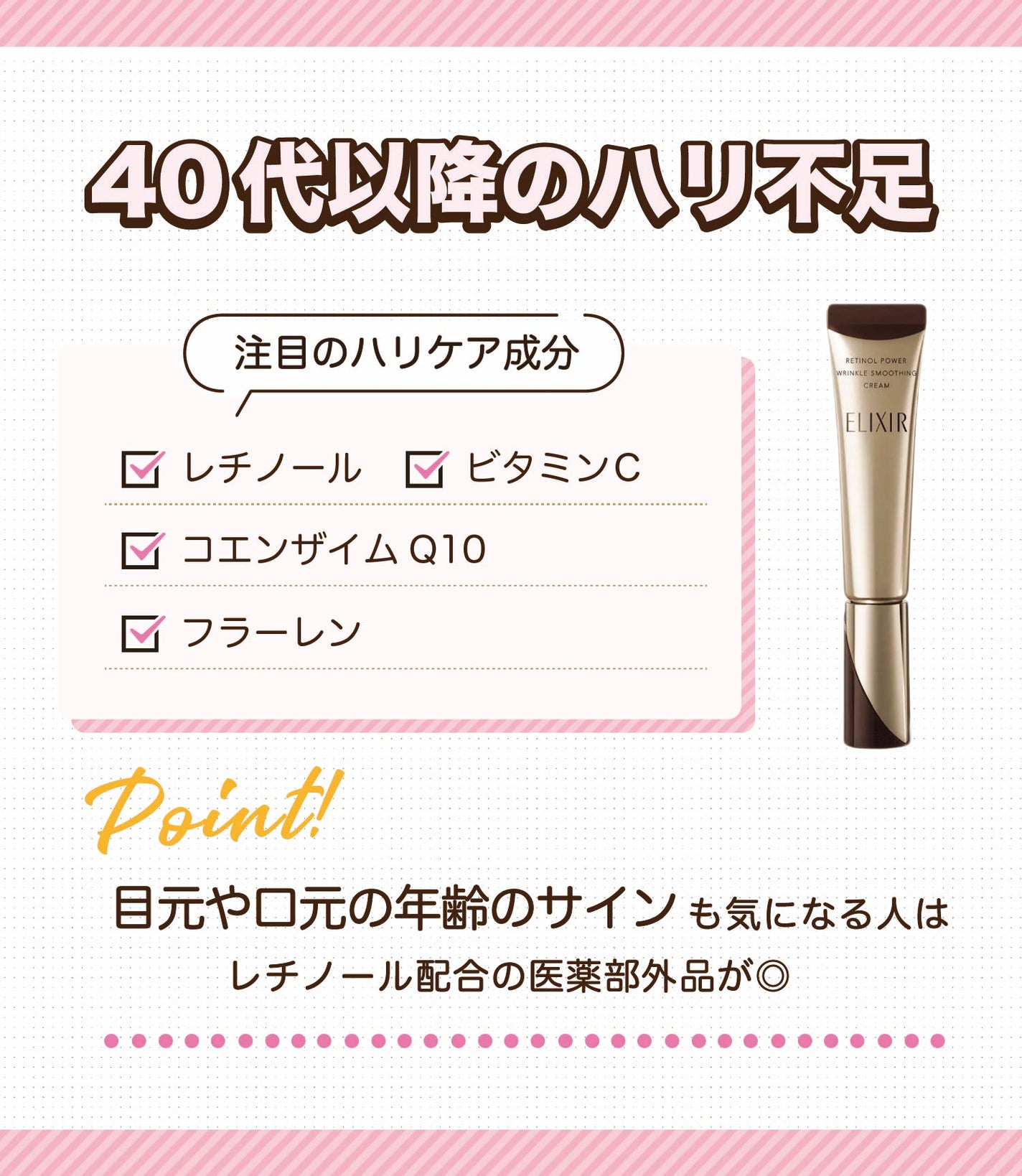 40代以降のハリ不足。注目のハリケア成分はレチノール・ビタミンC・コエンザイムQ10・フラーレンです。目元や口元の年齢サインも気になる人はレチノール配合の医薬部外品が◎。