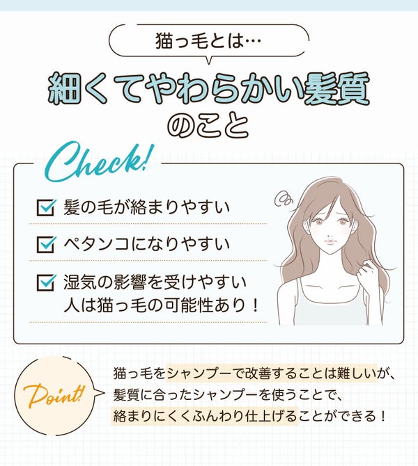 猫っ毛とは細くてやわらかい髪質のこと。髪の毛が絡まりやすい・ペタンコになりやすい・湿気の影響を受けやすい人は猫っ毛の可能性あり!猫っ毛をシャンプーで改善することは難しいが、髪質に合ったシャンプーを使うことで、絡まりにくくふんわり仕上げることができる!