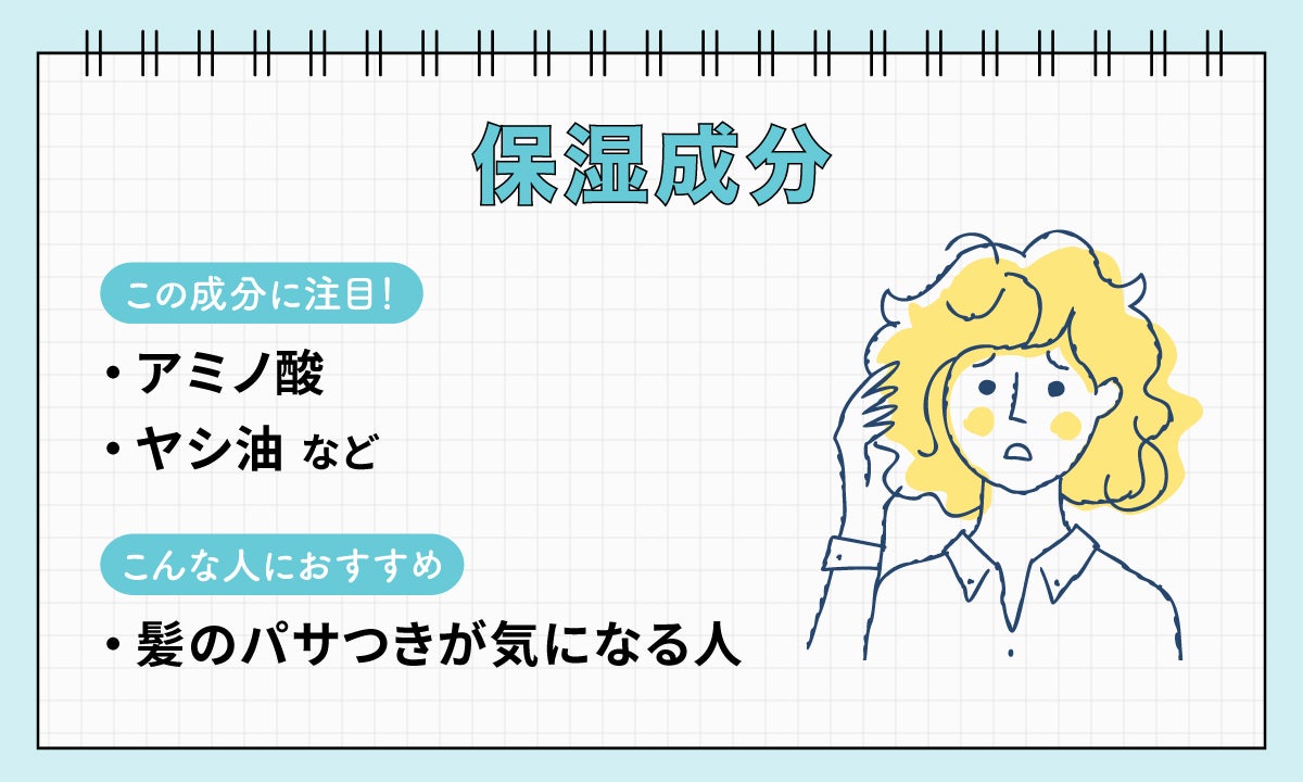 保湿成分。アミノ酸・ヤシ油などの成分に注目。髪のパサつきが気になる人におすすめ。