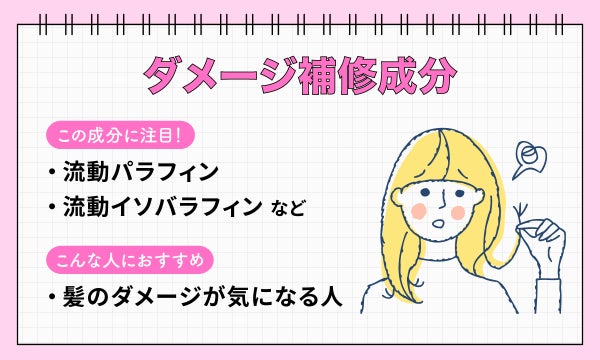 ダメージ補修成分は流動パラフィン・流動イソバラフィンなどの成分に注目。髪のダメージが気になる人におすすめ。