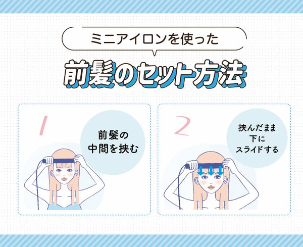 ミニアイロンを使った前髪のセット方法。前髪の中間を挟む。挟んだまま下にスライドする。