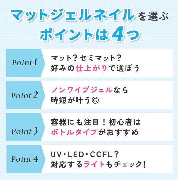 マットジェルネイルを選ぶポイントは4つ。マット?セミマット?好みの仕上がりで選ぼう。ノンワイプジェルなら時短が叶う◎。容器にも注目!初心者はボトルタイプがおすすめ。UV・LED・CCFL?対応するライトもチェック!