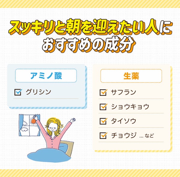 スッキリと朝を迎えたい人におすすめの成分はアミノ酸のグリシンや、生薬のサフラン・ショウキョウ・タイソウ・チョウジなど。