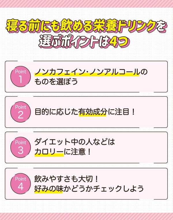 寝る前にも飲める栄養ドリンクを選ぶポイントは4つ。ノンカフェイン・ノンアルコールのものを選ぼう。目的に応じた有効成分に注目!ダイエット中の人などはカロリーに注意!飲みやすさも大切!好みの味かどうかチェックしよう。