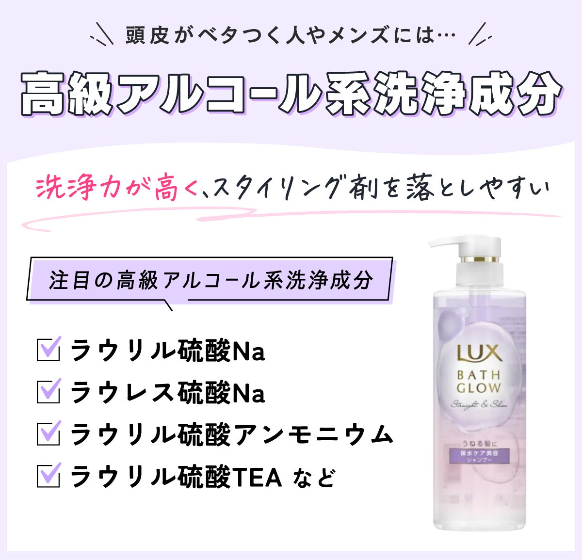 頭皮がベタつく人やメンズには高級アルコール系洗浄成分がおすすめ。洗浄力が高く、スタイリング剤を落としやすい。注目の高級アルコール系洗浄成分はラウリル硫酸Na・ラウレス硫酸Na・ラウリル硫酸アンモニウム・ラウリル硫酸TEAなど。