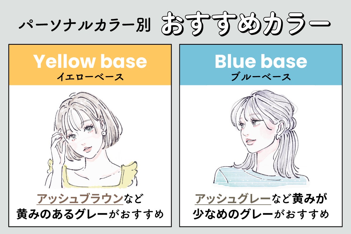 パーソナルカラー別おすすめカラー。イエローベースならアッシュブラウンなど黄みのあるグレーがおすすめ。ブルーベースならアッシュグレーなど黄みが少なめのグレーがおすすめ。