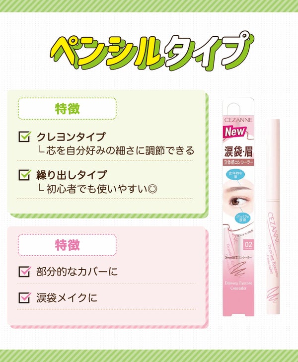 ペンシルタイプは芯を自分好みの細さに調節できるクレヨンタイプと、初心者でも使いやすい繰り出しタイプがあるのが特徴。部分的なカバーや涙袋メイクにおすすめ。