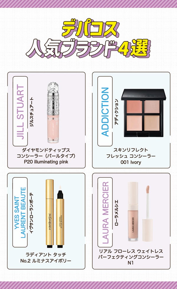 デパコス人気ブランド4選。ジルスチュアート ダイヤモンドティップス コンシーラー(パールタイプ) P20 illuminating pink・アディクション スキンリフレクト フレッシュ コンシーラー 001 Ivory・イヴサンローランボーテ ラディアント タッチ No.2 ルミナスアイボリー・ローラメルシエ リアル フローレス ウェイトレス パーフェクティングコンシーラー 1N1。