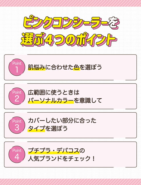 ピンクコンシーラーを選ぶ4つのポイント。肌悩みに合わせた色を選ぼう。広範囲に使うときはパーソナルカラーを意識して。カバーしたい部分に合ったタイプを選ぼう。プチプラ・デパコスの人気ブランドをチェック!