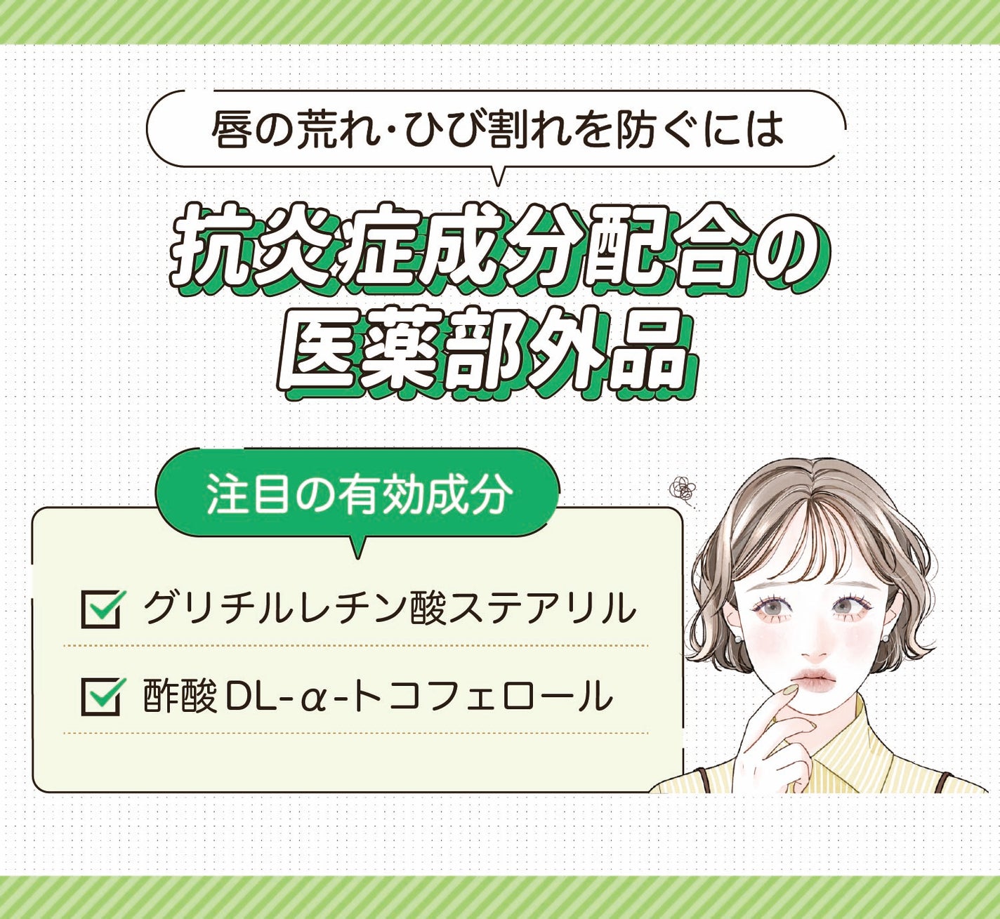 唇の荒れ・ひび割れを防ぐには抗炎症成分配合の医薬部外品。注目の有効成分はグリチルレチン酸ステアリル・酢酸DL-α-トコフェロール。