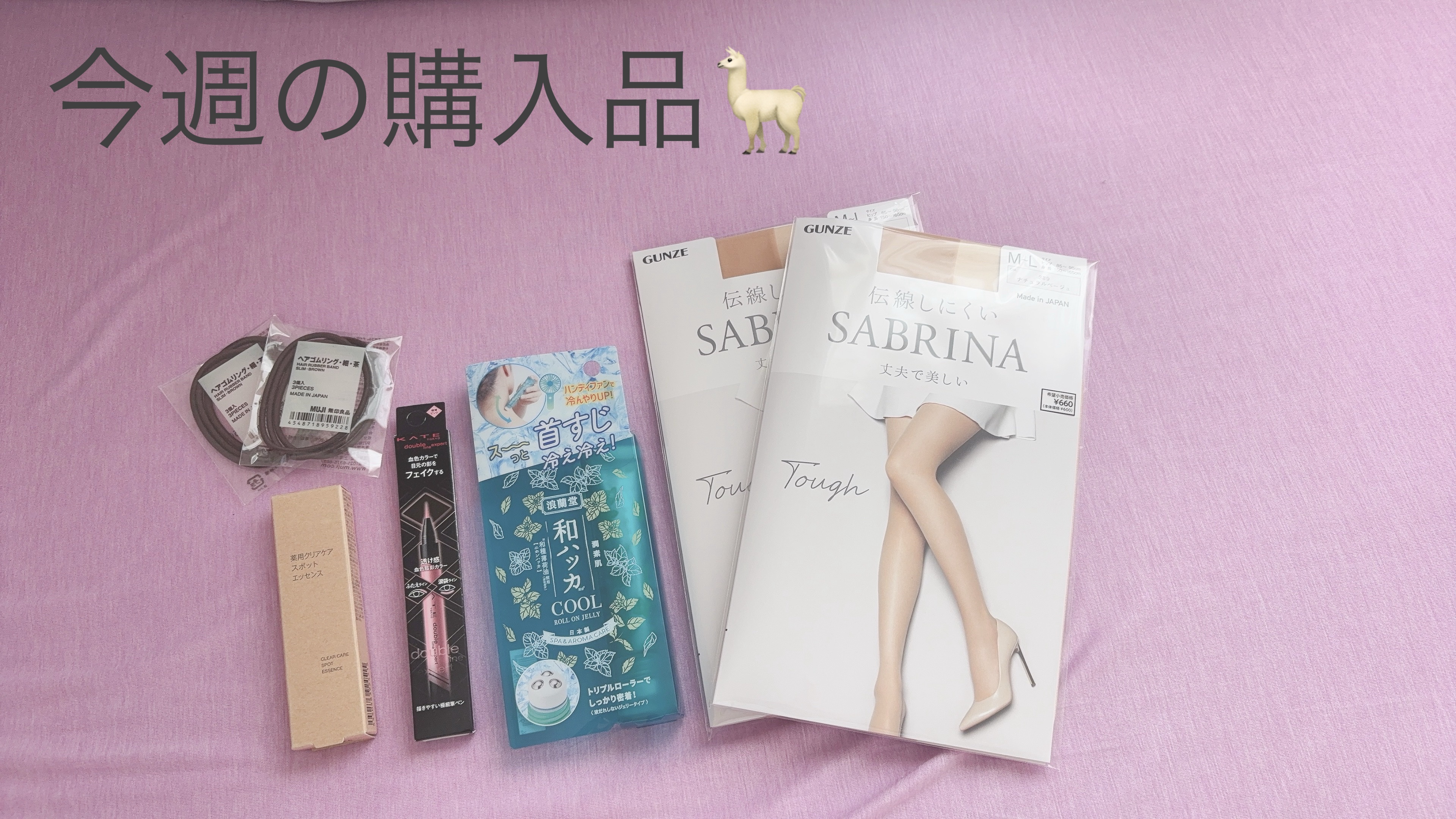 〜今週の購入品🦙〜

仕事の合間の、息抜き買い物🛒
気になった物と必要になった物をゲットして来ました！
購入理由と共に、時計回りに紹介します。

﹋﹋﹋﹋﹋﹋﹋﹋﹋﹋﹋﹋﹋﹋﹋﹋﹋﹋﹋﹋﹋﹋
◎ストッキング×2個
使っていた夏用の薄いベ