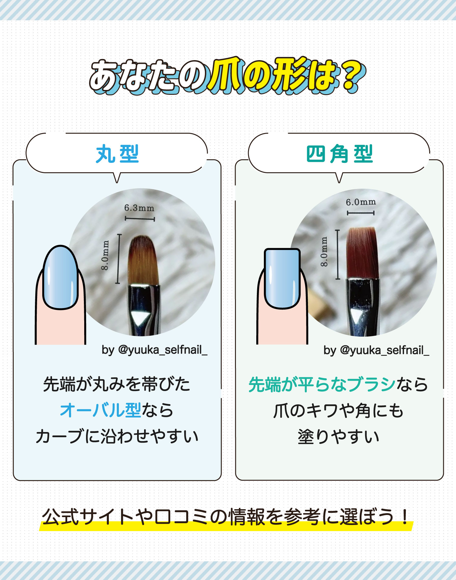 あなたの爪の形は？丸型は先端が丸みを帯びたオーバル型ならカーブに沿わせやすい。四角型は先端が平らなブラシなら爪のキワや角にも塗りやすい。公式サイトや口コミの情報を参考に選ぼう！