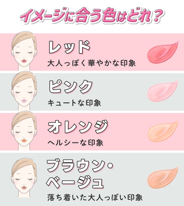 イメージに合う色はどれ?レッドは大人っぽく華やかな印象。ピンクはキュートな印象。オレンジはヘルシーな印象。ブラウン・ベージュは落ち着いた大人っぽい印象。