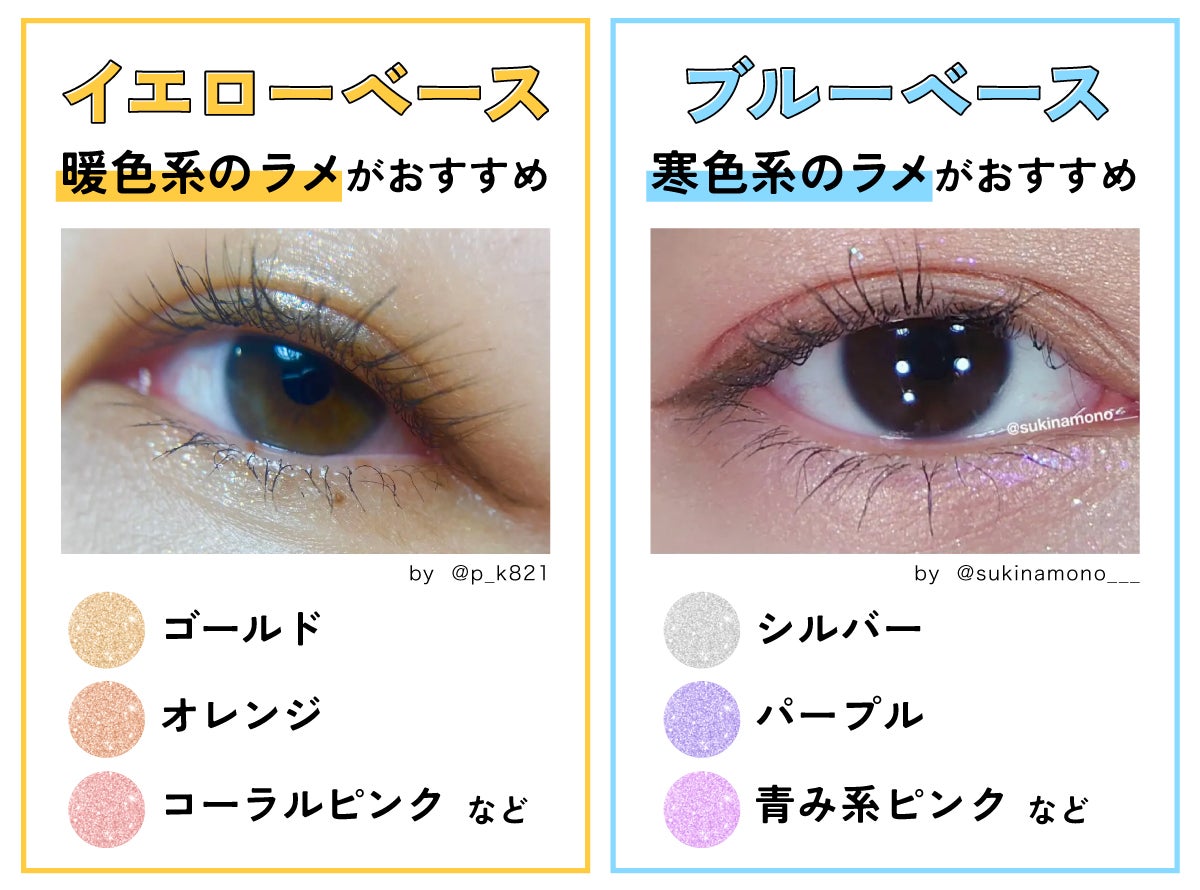 イエローベースは暖色系のラメがおすすめ。ゴールド・オレンジ・コーラルピンクなど。ブルーベースは寒色系のラメがおすすめ。シルバー・パープル・青み系ピンクなど。