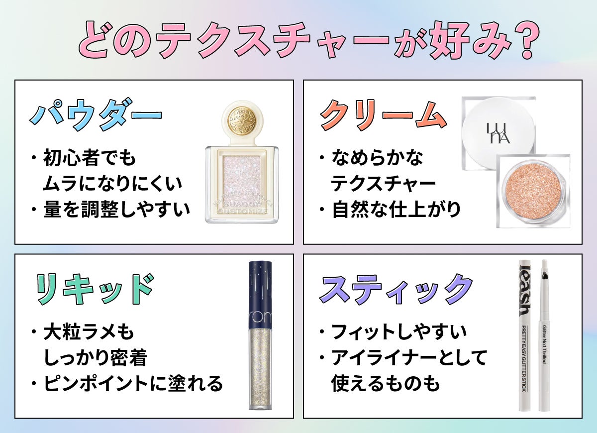 どのテクスチャーが好み?パウダーは初心者でもムラになりにくく量を調整しやすい。クリームはなめらかなテクスチャーで自然な仕上がり。リキッドは大粒ラメもしっかり密着してピンポイントに塗れる。スティックはフィットしやすくアイライナーとして使えるものもある。