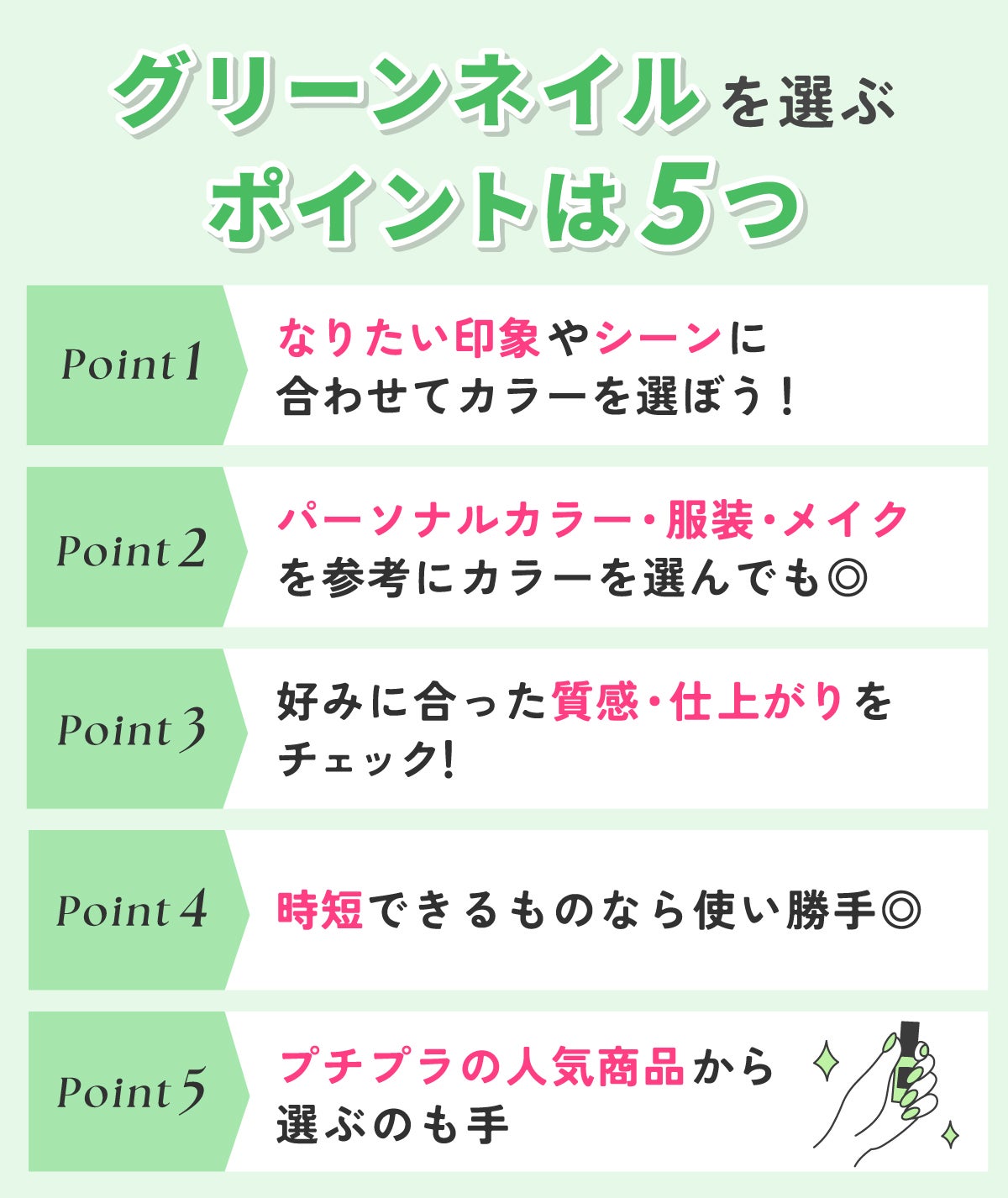 グリーンネイルを選ぶポイントは5つ。なりたい印象やシーンに合わせてカラーを選ぼう!パーソナルカラー・服装・メイクを参考にカラーを選んでも◎好みに合った質感・仕上がりをチェック!時短できるものなら使い勝手◎プチプラの人気商品から選ぶのも手。