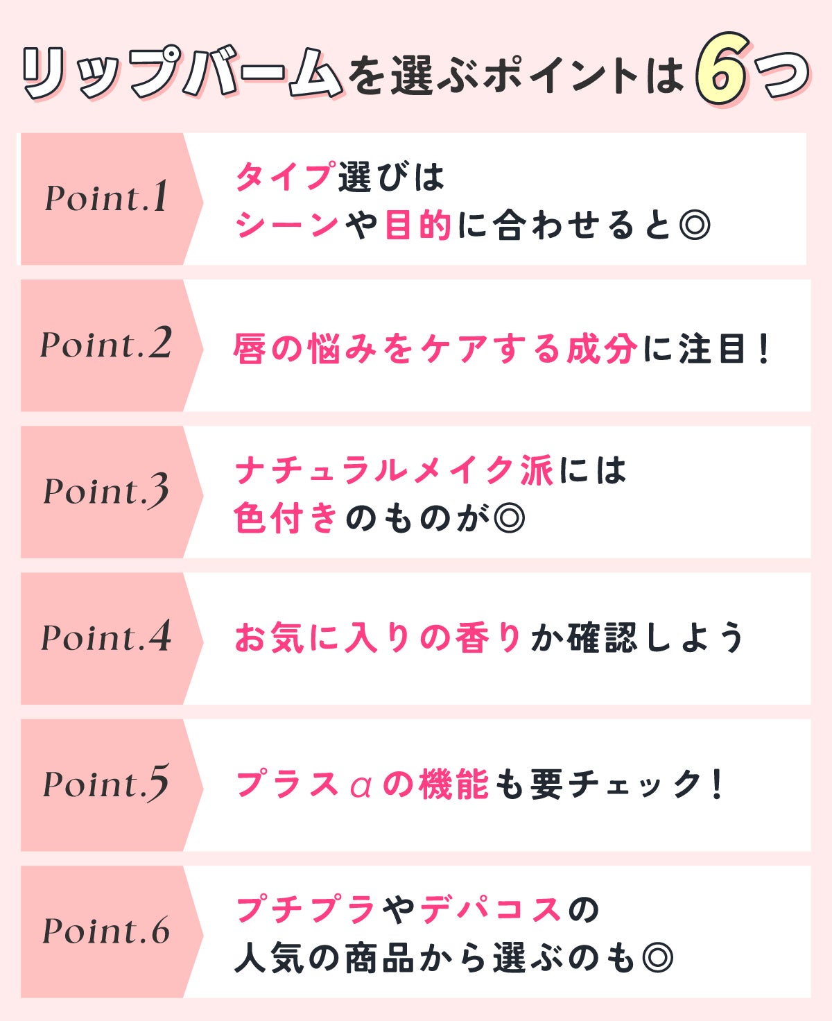 リップバームを選ぶポイントは6つ。タイプ選びはシーンや目的に合わせると◎ 唇の悩みをケアする成分に注目!ナチュラルメイク派には色付きのものが◎ お気に入りの香りか確認しよう。プラスαの機能も要チェック!プチプラやデパコスの人気の商品から選ぶのも◎