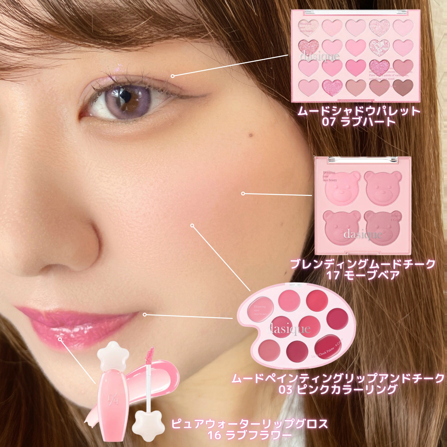 ムードペインティングリップアンドチークパレット 03ピンクカラーリング/dasique/マルチパレットを使ったクチコミ（2枚目）
