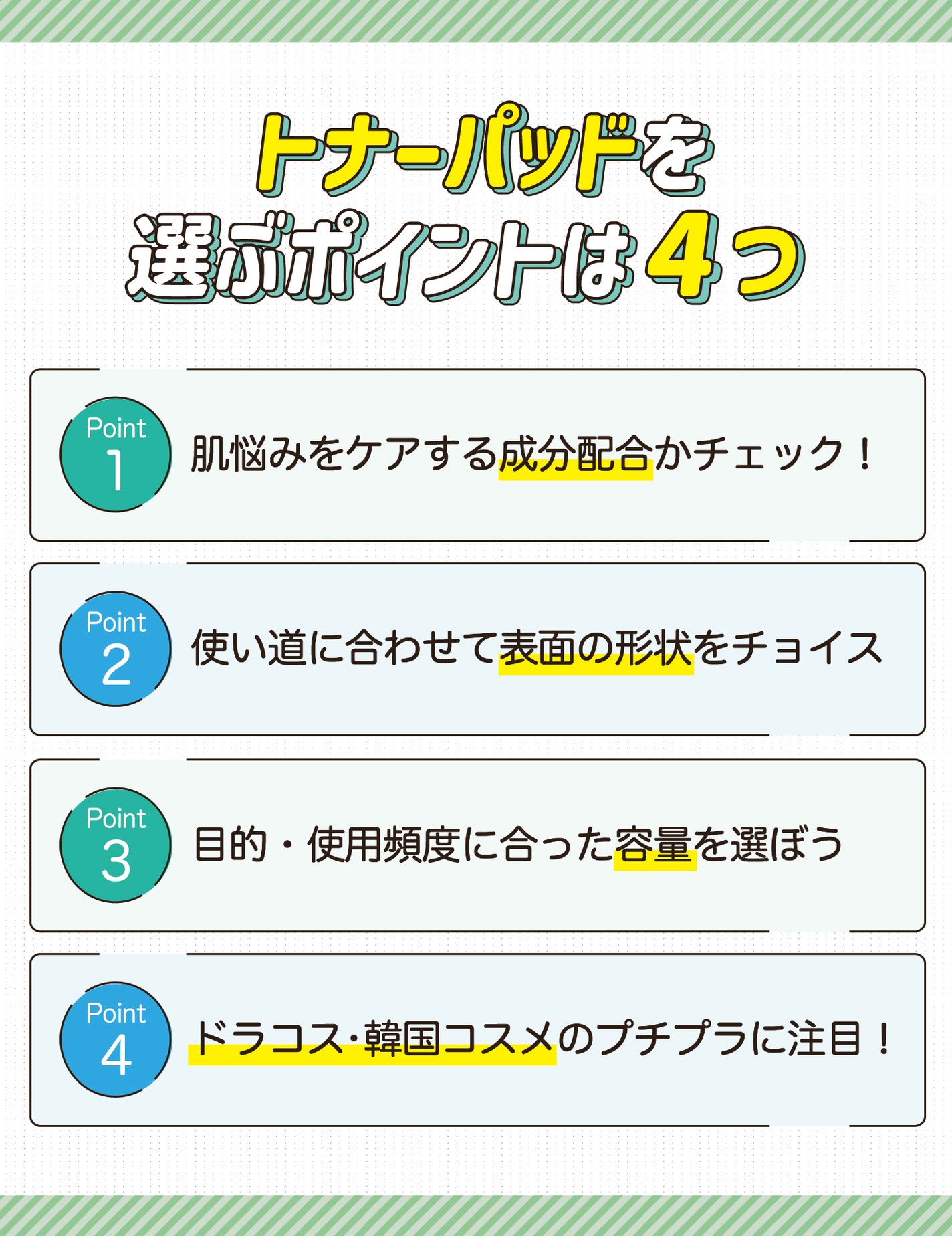 トナーパッドを選ぶポイントは4つ。肌悩みをケアする成分配合かチェック!使い道に合わせて表面の形状をチョイス。目的・使用頻度に合った容量を選ぼう。ドラコス・韓国コスメのプチプラに注目!
