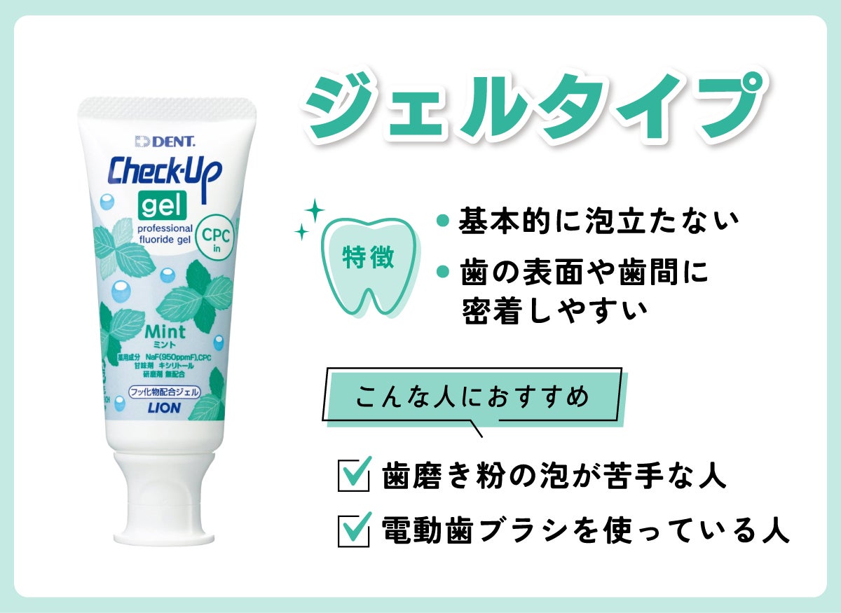 ジェルタイプは基本的に泡立たず、歯の表面や歯間に密着しやすい。歯磨き粉の泡が苦手な人や電動歯ブラシを使っている人におすすめ。