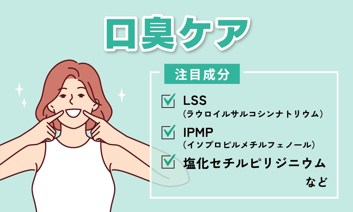 口臭ケアの注目成分はLSS(ラウロイルサルコシンナトリウム)・IPMP(イソプロピルメチルフェノール)・塩化セチルピリジニウムなど。