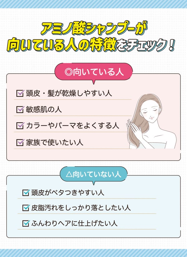 アミノ酸シャンプーが向いている人の特徴をチェック!向いている人は頭皮・髪が乾燥しやすい人・敏感肌の人・カラーやパーマをよくする人・家族で使いたい人。向いていない人は頭皮がベタつきやすい人・皮脂汚れをしっかり落としたい人・ふんわりヘアに仕上げたい人。
