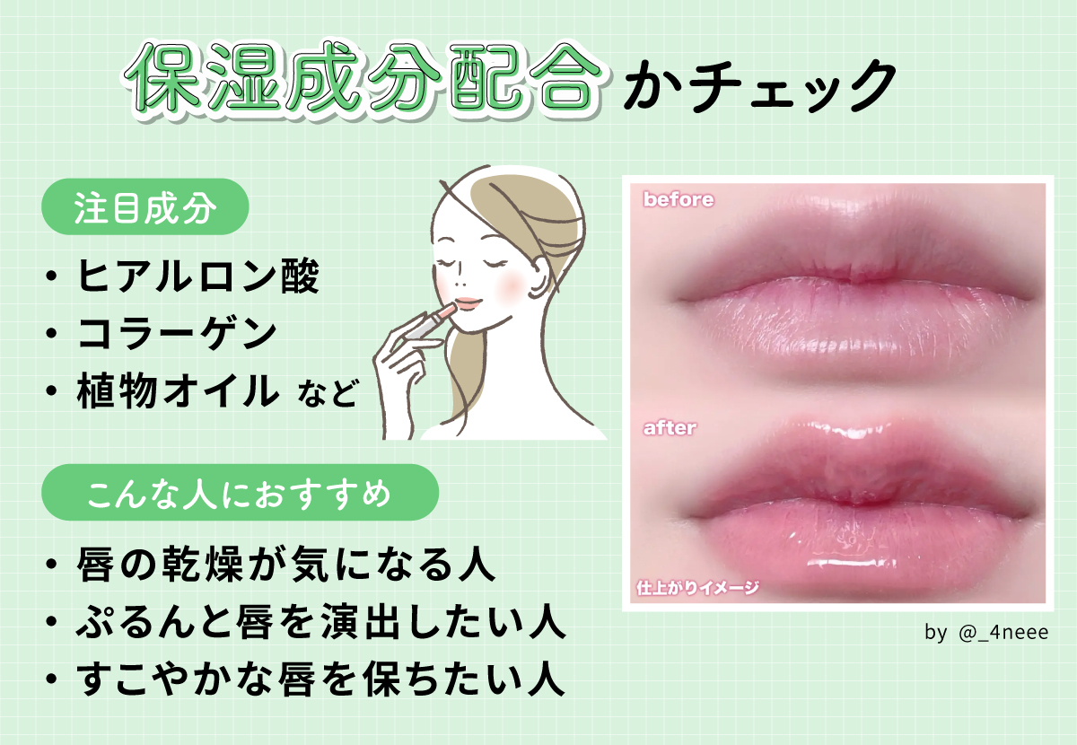 保湿成分配合かチェック！注目成分はヒアルロン酸・コラーゲン・植物オイルなど。唇の乾燥が気になる人・ぷるんと唇を演出したい人・すこやかな唇を保ちたい人におすすめ。