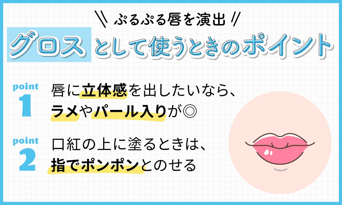 ぷるぷる唇を演出するグロスとして使うときのポイント 。唇に立体感を出したいなら、ラメやパール入りが◎口紅の上に塗るときは、指でポンポンとのせる。