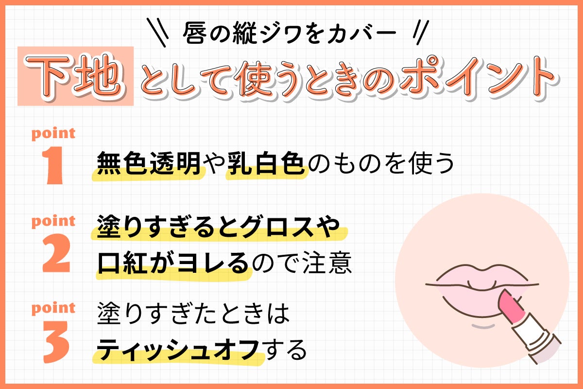 唇の縦ジワをカバー下地として使うときのポイント 。無色透明や乳白色のものを使う。塗りすぎるとグロスや口紅がヨレるので注意。塗りすぎたときはティッシュオフする。