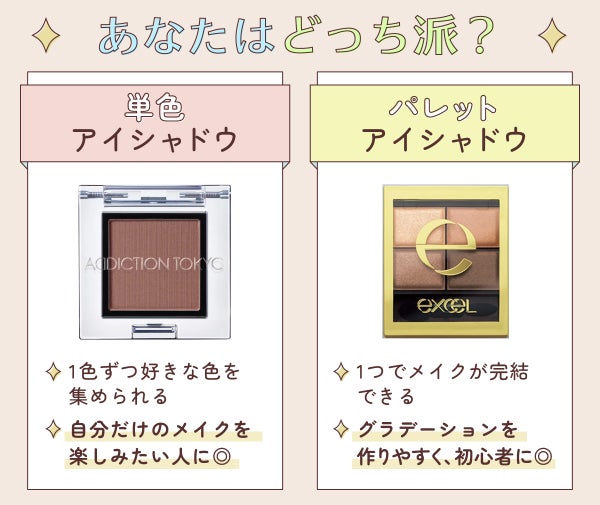 あなたはどっち派?単色アイシャドウは1色ずつ好きな色を集められる・自分だけのメイクを楽しみたい人に◎パレットアイシャドウは、1つでメイクが完結できる・グラデーションを作りやすく、初心者に◎