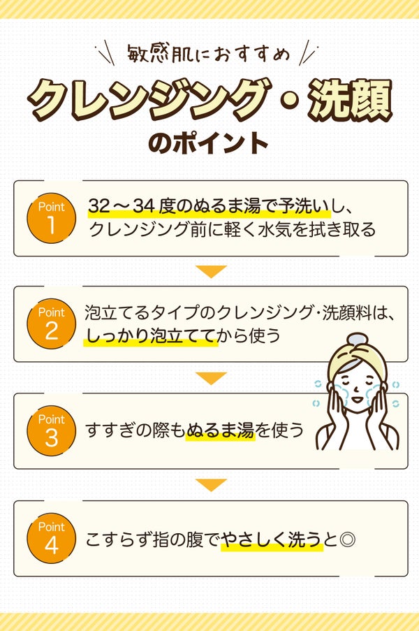 敏感肌におすすめクレンジング・洗顔のポイント。予洗いし、クレンジング前に軽く水気を拭き取る。泡立てるタイプのクレンジング・洗顔料は、しっかり泡立てる。こすらず指の腹でやさしく洗うと◎。すすぎの際もぬるま湯を使う。