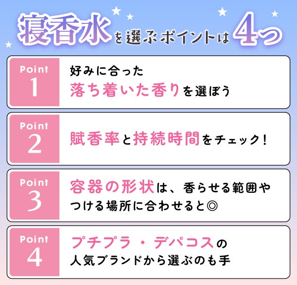 寝香水を選ぶポイントは4つ。好みに合った落ち着いた香りを選ぼう。賦香率と持続時間をチェック!容器の形状は、香らせる範囲やつける場所に合わせると◎ プチプラ・デパコスの人気ブランドから選ぶのも手。