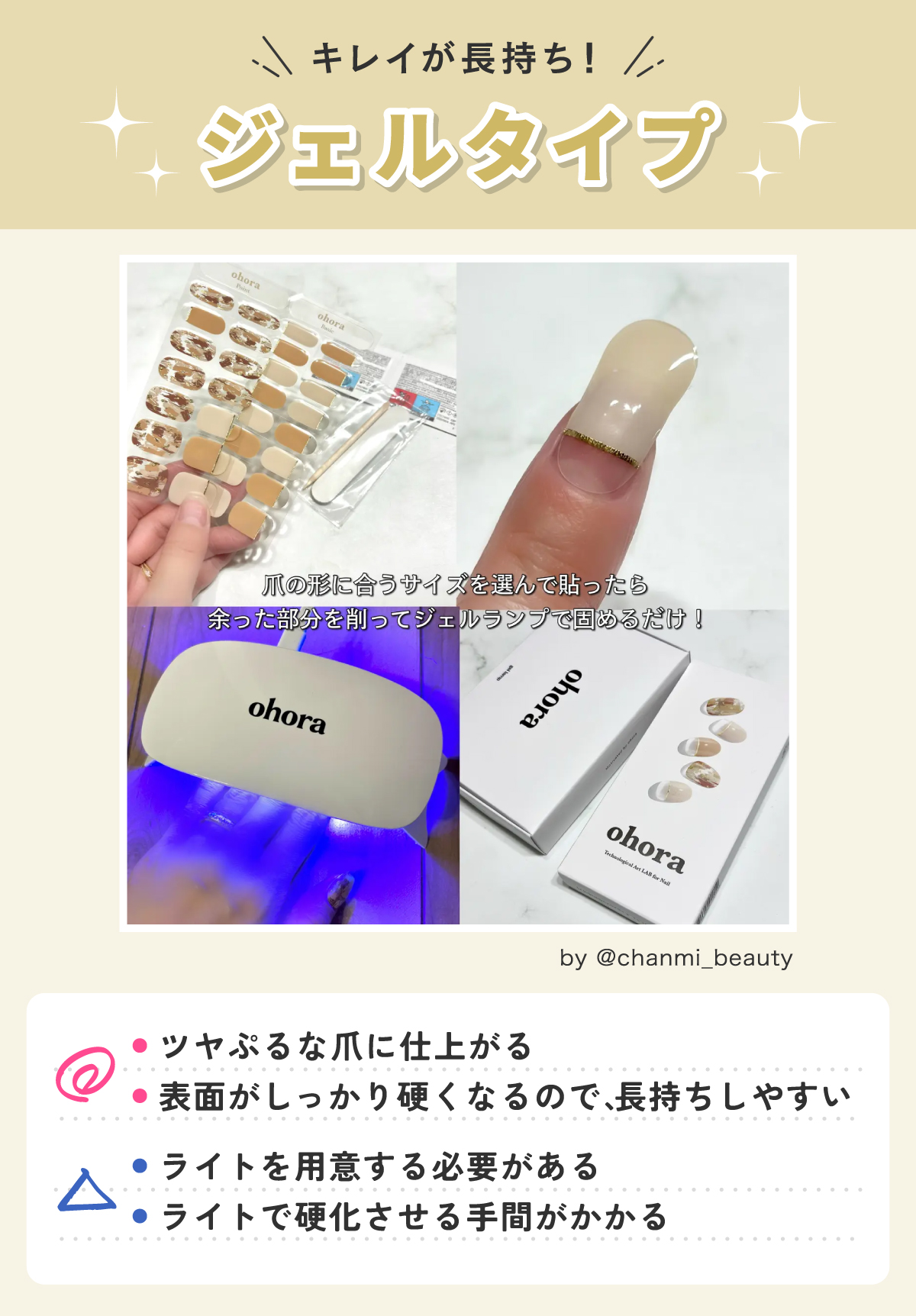 ジェルタイプはキレイが長持ち！メリットはツヤぷるな爪に仕上がる・表面がしっかり硬くなるので、長持ちしやすい。デメリットはライトを用意する必要がある・ライトで硬化させる手間がかかる。