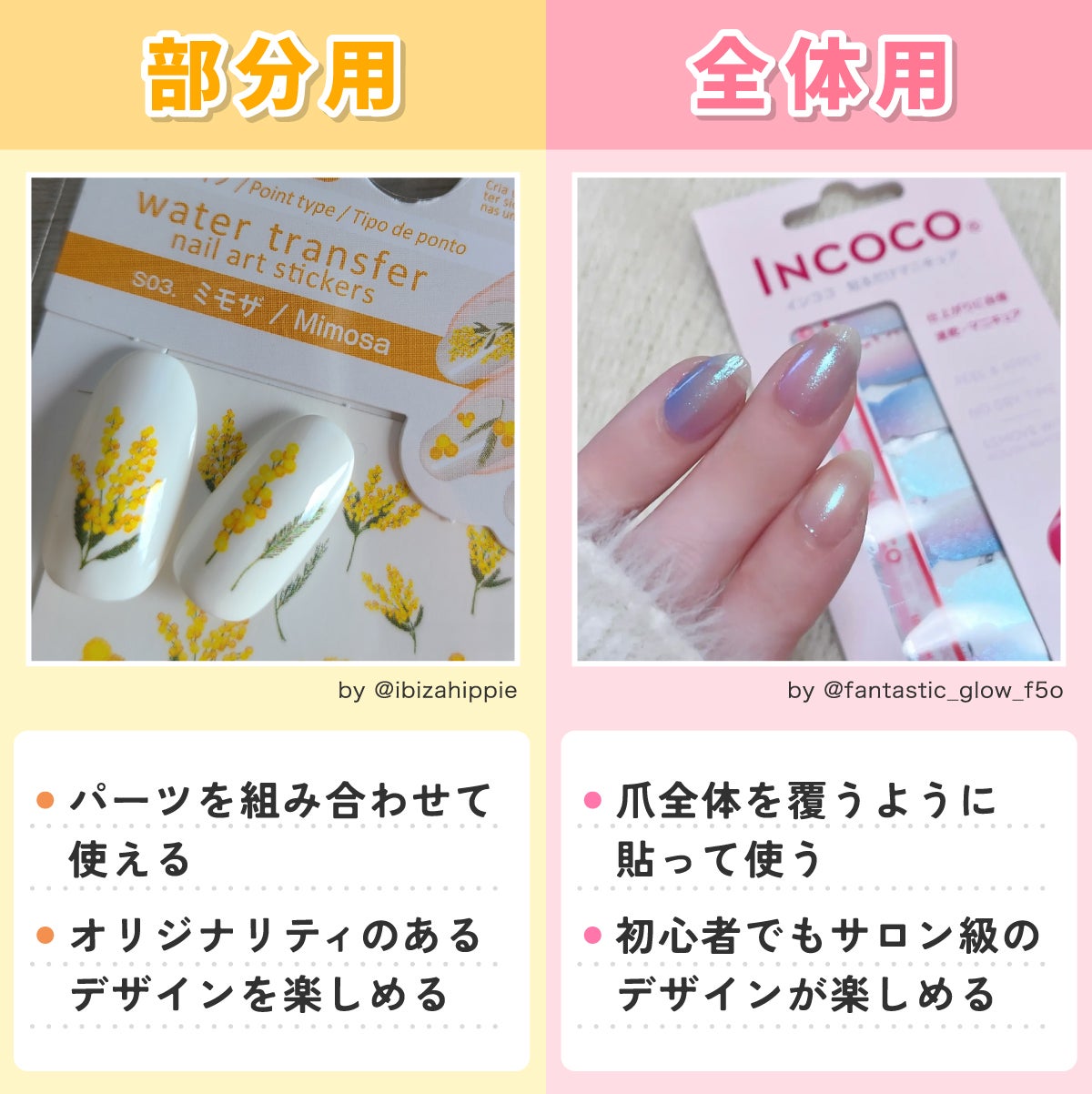 部分用はパーツを組み合わせて使える・オリジナリティのあるデザインを楽しめる。全体用は爪全体を覆うように貼って使うタイプで、初心者でもサロン級のデザインが楽しめる。