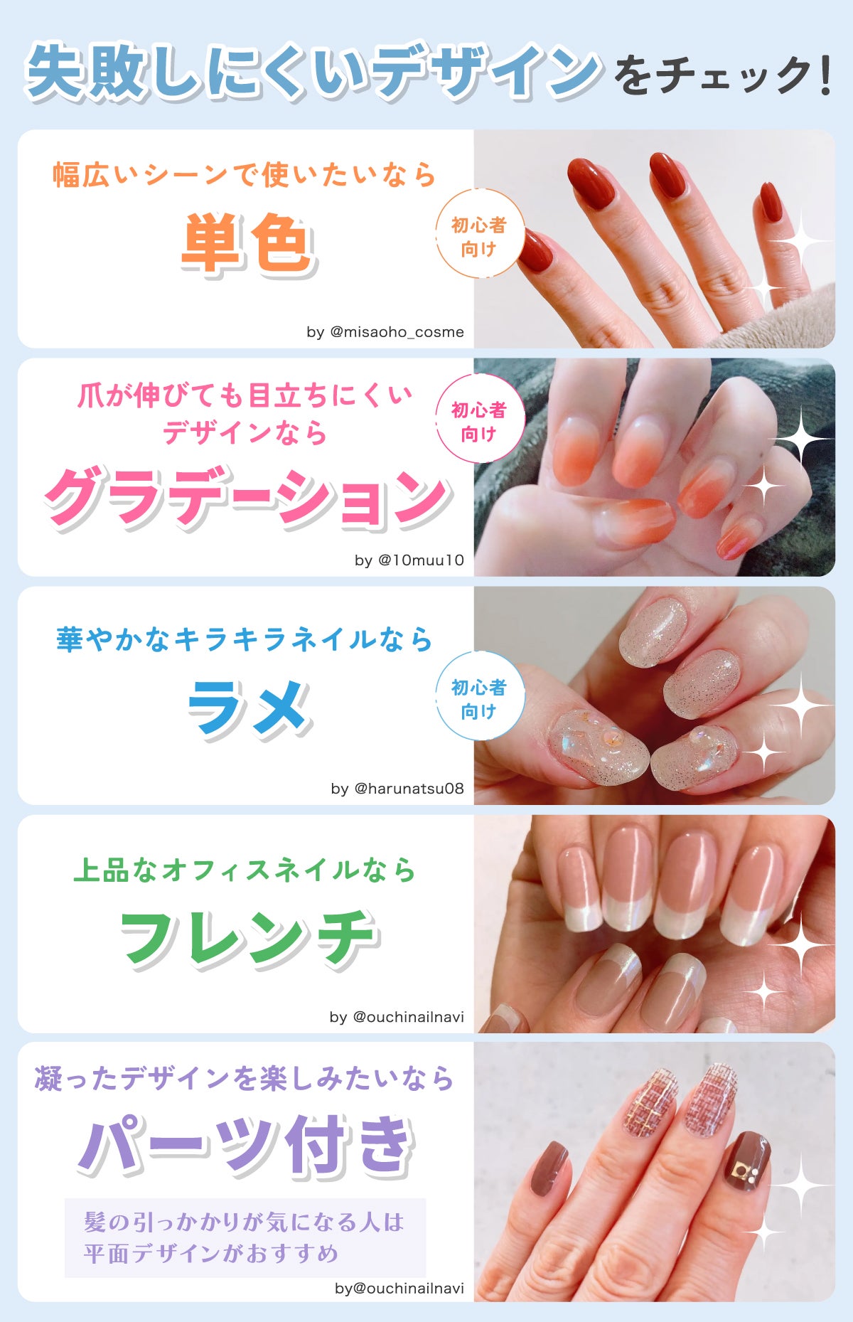 失敗しにくいデザインをチェック!幅広いシーンで使いたいなら単色。爪が伸びても目立ちにくいデザインならグラデーション。華やかなキラキラネイルならラメ。上品なオフィスネイルならフレンチ。凝ったデザインを楽しみたいならパーツ付き。髪の引っかかりが気になる人は平面デザインがおすすめ。