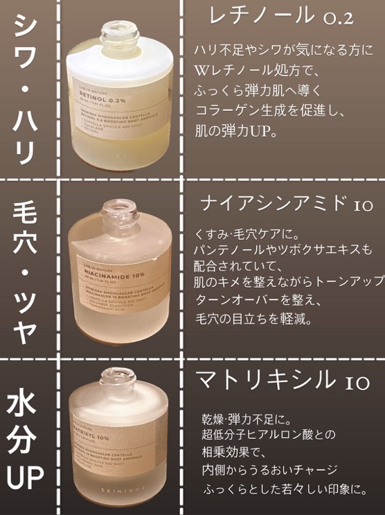 SKIN1004の新ラインが出た！

「Lab in Nature」スピキュール美容液🪡
スペシャルケアに追加したい❤︎

①レチノール ※1
　⇨ハリ、年齢に応じたケア。
②ナイアシンアミド ※2
　⇨ツヤ、毛穴、ブライトニングはたらき