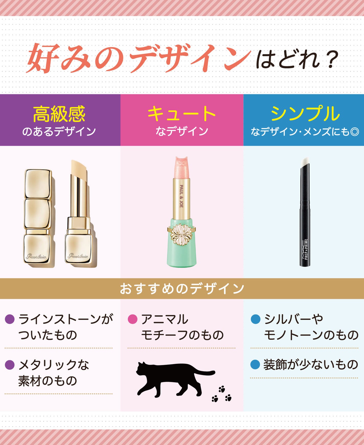 好みのデザインはどれ?ラインストーンがついたものやメタリックな素材のものなどの高級感のあるデザイン。アニマルモチーフのキュートなデザイン。シルバーやモノトーンのものや装飾が少ないシンプルなデザイン。メンズにも◎