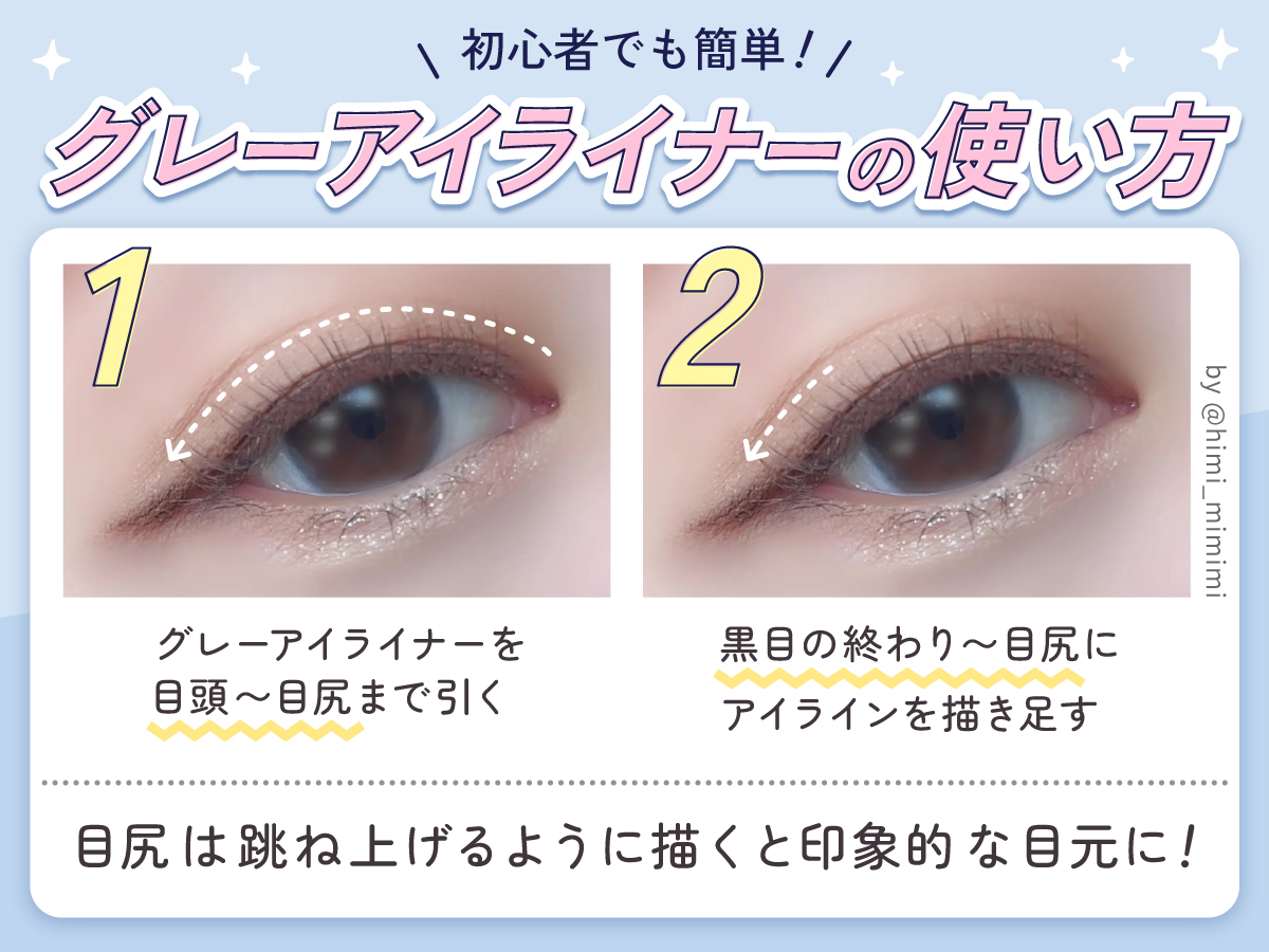 初心者でも簡単！グレーアイライナーの使い方。グレーアイナイナーを目頭～目尻まで引く。黒目の終わり～目尻にアイラインを描き足す。目尻は跳ね上げるように描くと印象的な目元に！