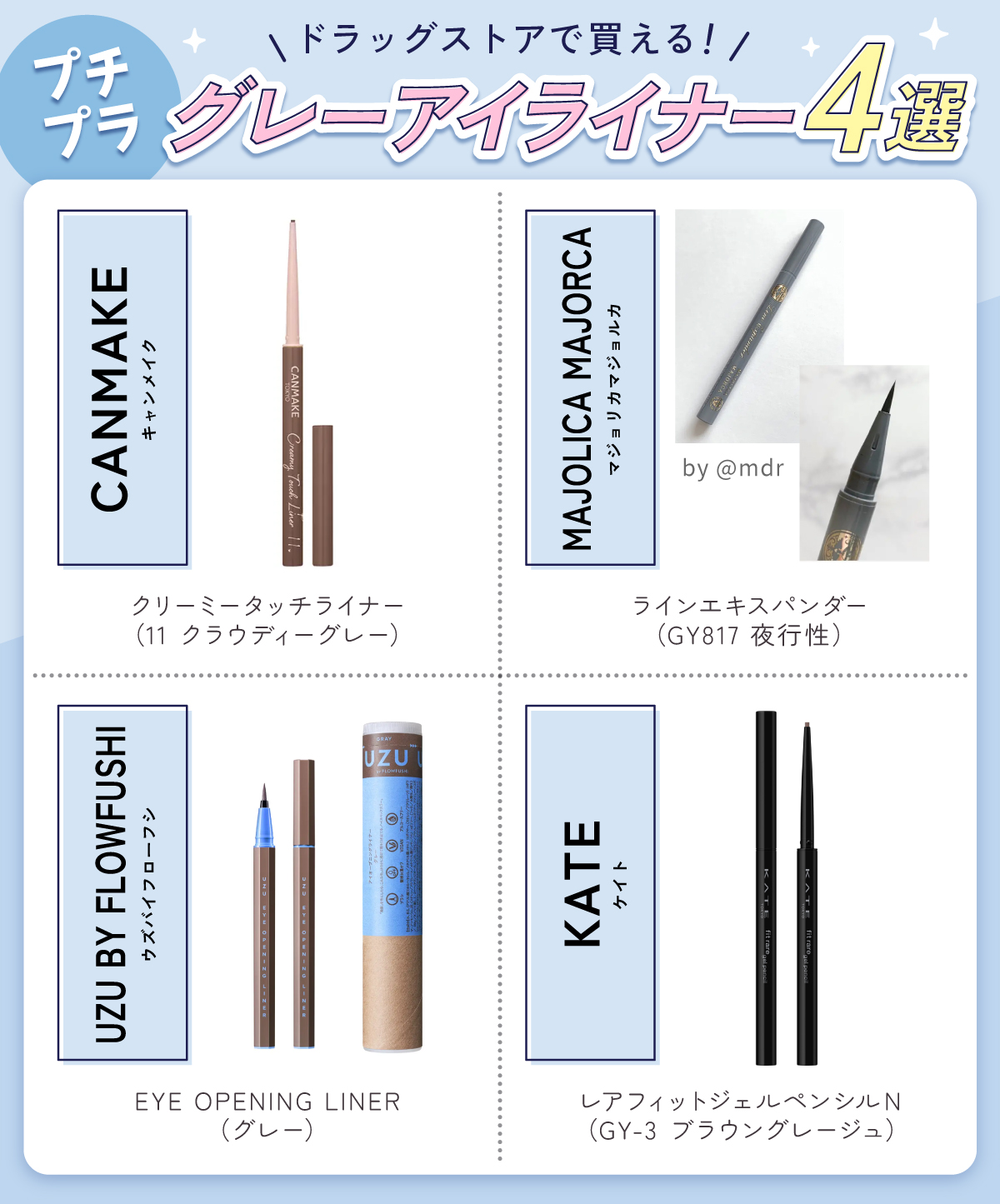 ドラッグストアで買えるプチプラグレーアイライナー4選。キャンメイク（CANMAKE）クリーミータッチライナー （11 クラウディーグレー）・MAJOLICA MAJORCA（マジョリカマジョルカ）ラインエキスパンダー （GY817 夜行性）・UZU BY FLOWFUSHI（ウズバイフローフシ）EYE OPENING LINER （グレー）・KATE（ケイト）レアフィットジェルペンシルN （GY-3 ブラウングレージュ）。