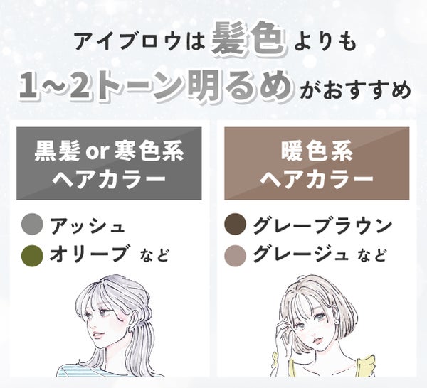 アイブロウは髪色よりも1〜2トーン明るめがおすすめ。黒髪or寒色系ヘアカラーはアッシュ・オリーブなど。暖色系ヘアカラーはグレーブラウン・グレージュなど。