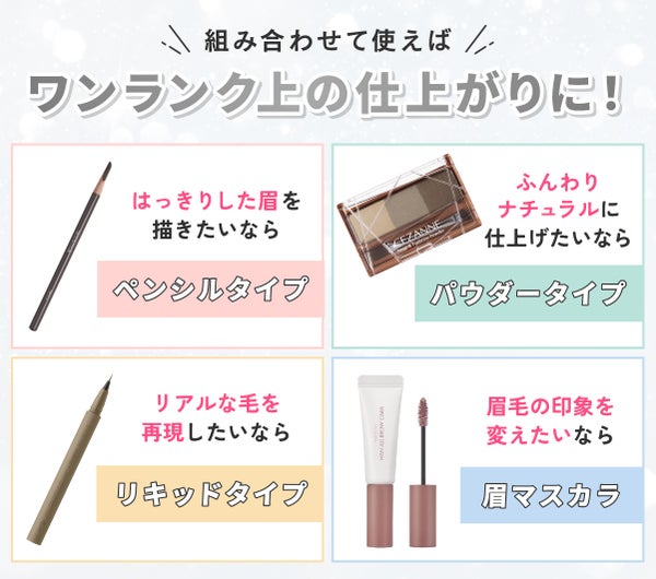 組み合わせて使えばワンランク上の仕上がりに!はっきりした眉を描きたいならペンシルタイプ。ふんわりナチュラルに仕上げたいならパウダータイプ。リアルな毛を再現したいならリキッドタイプ。眉毛の印象を変えたいなら眉マスカラ。