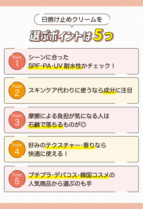 日焼け止めクリームを選ぶポイントは5つ。シーンに合ったSPF・PA・UV耐水性かチェック!スキンケア代わりに使うなら成分に注目。摩擦による負担が気になる人は石鹸で落ちるものが◎。好みのテクスチャー・香りなら快適に使える!プチプラ・デパコス・韓国コスメの人気商品から選ぶのも手。