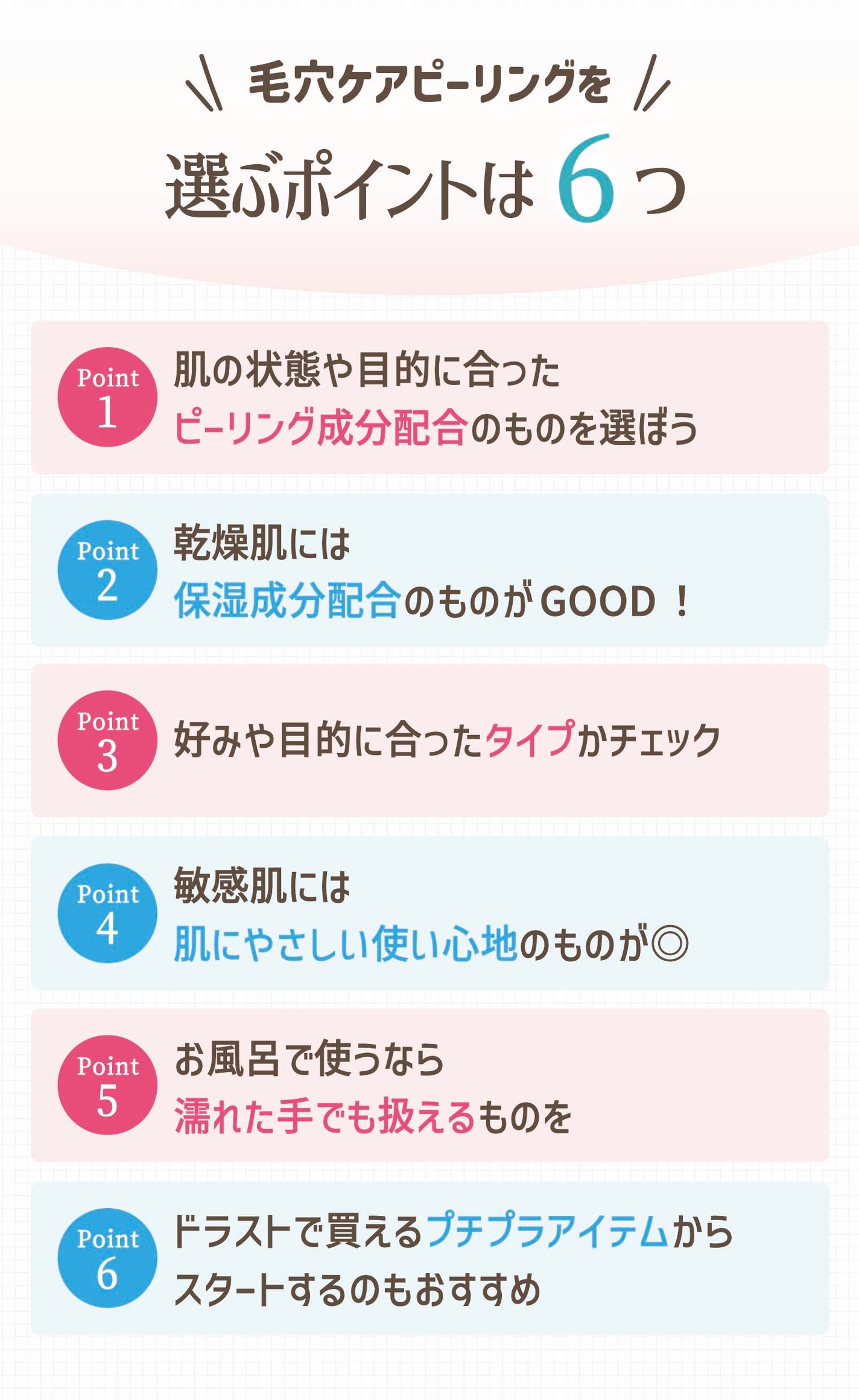 毛穴ケアピーリングを選ぶポイントは6つ。肌の状態や目的に合ったピーリング成分配合のものを選ぼう。乾燥肌には保湿成分配合のものがGOOD!好みや目的に合ったタイプかチェック。敏感肌には肌にやさしい使い心地のものが◎お風呂で使うなら濡れた手でも扱えるものを。ドラストで買えるプチプラアイテムからスタートするのもおすすめ。