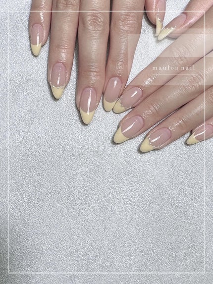 #イエローフレンチネイル,#フレンチネイル,#アートネイル,#松原ネイル,#ジェルネイル,#河内松原ネイル,#サマーネイル,#夏ネイル,#韓国ネイル,#天王寺ネイル,#春ネイル,#ジェルネイル,#ビジューネイルのネイルデザイン